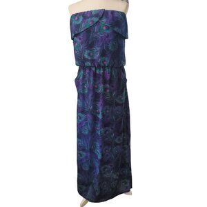 Kira Women’s Medium Purple/Green Strapless Peacock Feather Maxi Dress Pockets